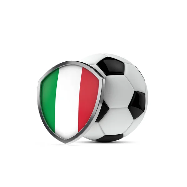 Tarcza flagi Włoch z piłką nożną. 3d Renderowanie — Zdjęcie stockowe