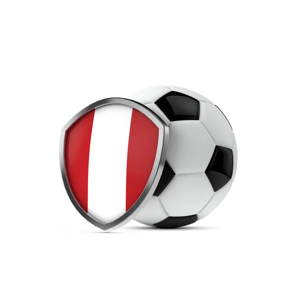 Peru národní vlajkový štít s fotbalovým míčem. 3D vykreslování — Stock fotografie