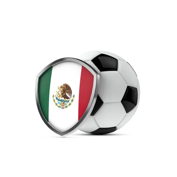 Meksika ulusal kalkanı ve futbol topu. 3d Hazırlama — Stok fotoğraf
