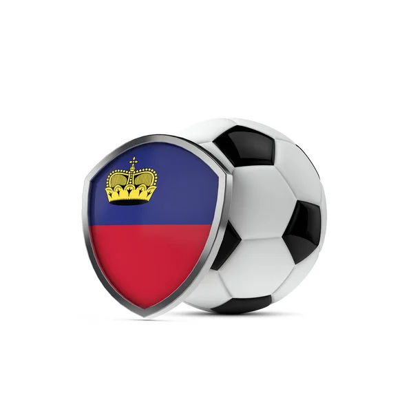 Liechtenstein national flag shield with a soccer ball. 3D Render — Stock Photo, Image