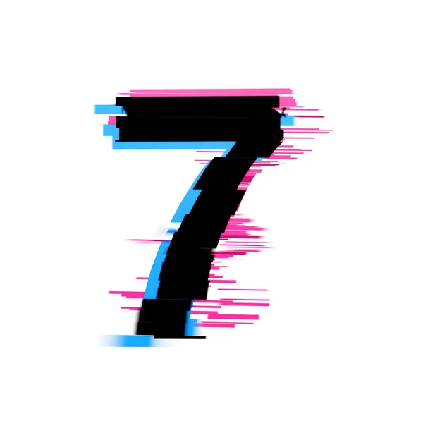 Nummer 7 vervormde neon glitch effect tekst lettertype. 3d Render — Stockfoto