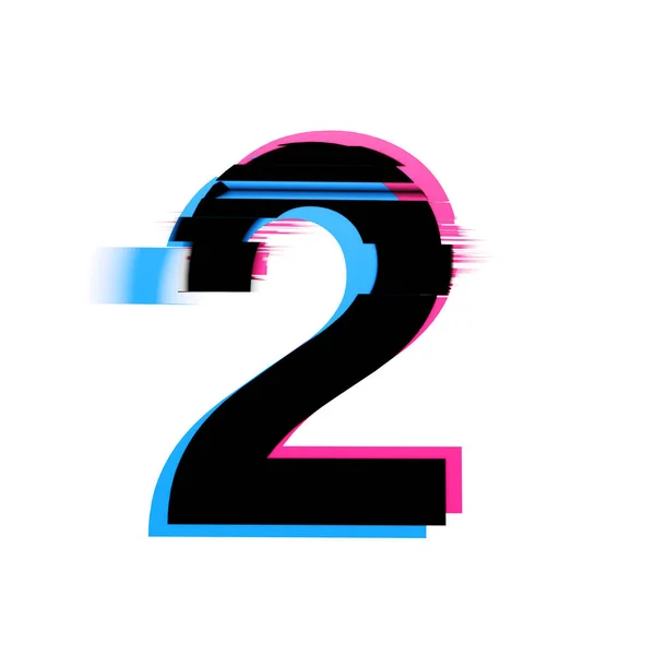 Nummer 2 vervormde neon glitch effect tekst lettertype. 3d Render — Stockfoto