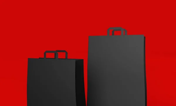 Black paper shopping bag on a red background. Black friday sale event. 3D render — Stock Photo, Image