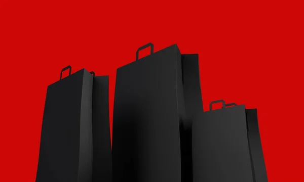 Black paper shopping bag on a red background. Black friday sale event. 3D render — Stock Photo, Image