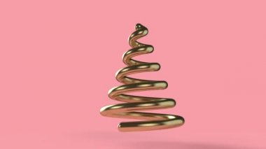 Pembe arka planda dönen modern soyut altın noel ağacı. 3d Hazırlama