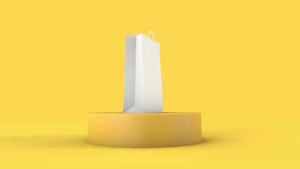 Bolsa de compras de papel en blanco girando sobre un fondo amarillo. Renderizado 3D — Vídeo de stock