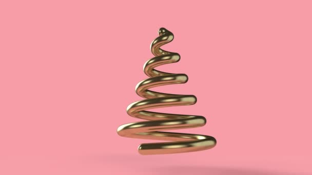Moderner Weihnachtsbaum aus abstraktem Gold, der sich auf rosa Hintergrund dreht. 3D-Darstellung — Stockvideo