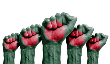 Bangladeş bayrağıyla boyanmış bir protestocunun yumruğu