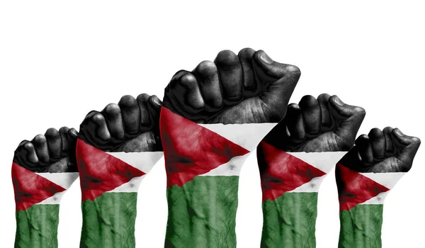 A raised fist of a protesters painted with the Jordan flag — Stock Photo, Image