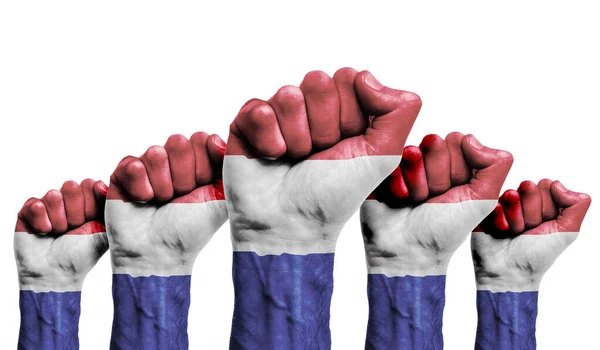 用荷兰国旗画的抗议者举起的拳头 — 图库照片