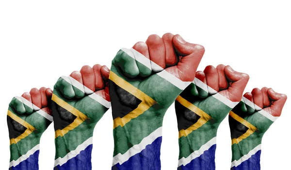 En upphöjd näve av en demonstranter målade med Sydafrika flagga — Stockfoto