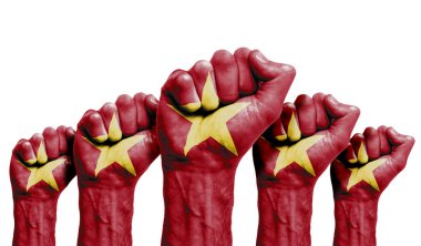 Vietnam bayrağıyla boyanmış bir protestocunun yumruğu.