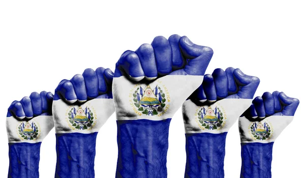 A raised fist of a protesters painted with the El Salvador flag — Stock Photo, Image