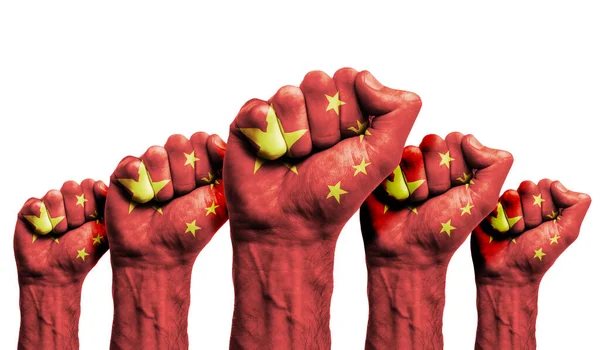 A raised fist of a protesters painted with the China flag — Stock Photo, Image