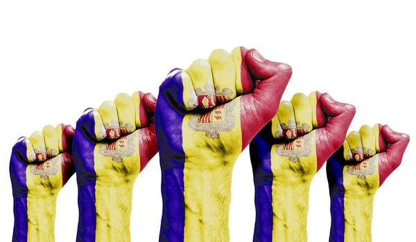 A raised fist of a protesters painted with the Andorra flag — Stock Photo, Image