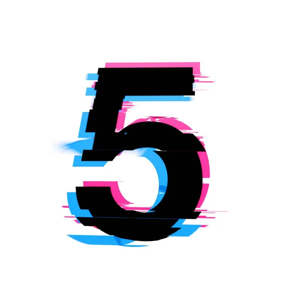 Nummer 5 vervormde neon glitch effect tekst lettertype. 3d Render — Stockfoto