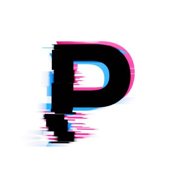 Letter P distorted neon glitch effect text font. 3D Render clipart