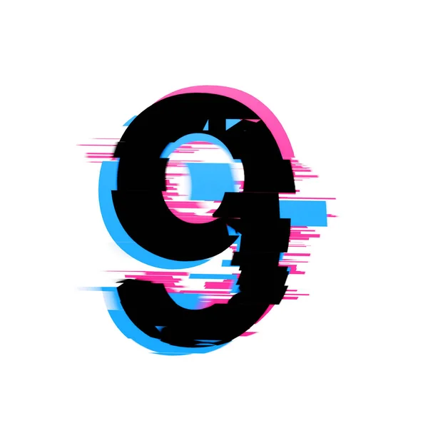 Nummer 9 vervormde neon glitch effect tekst lettertype. 3d Render — Stockfoto