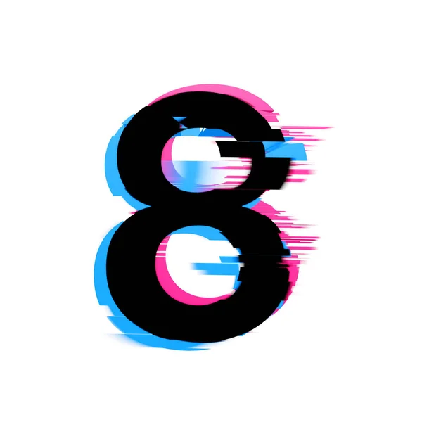 Numero 8 font di testo distorto effetto glitch al neon. Render 3D — Foto Stock