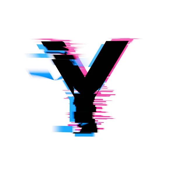 Carta Y distorcida neon glitch efeito fonte de texto. Renderização 3D — Fotografia de Stock