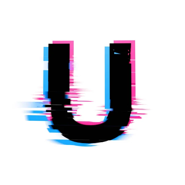 Letter U vervormde neon glitch effect tekst lettertype. 3d Render — Stockfoto