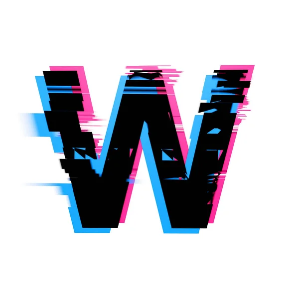 Carta W distorcida neon glitch efeito fonte de texto. Renderização 3D — Fotografia de Stock