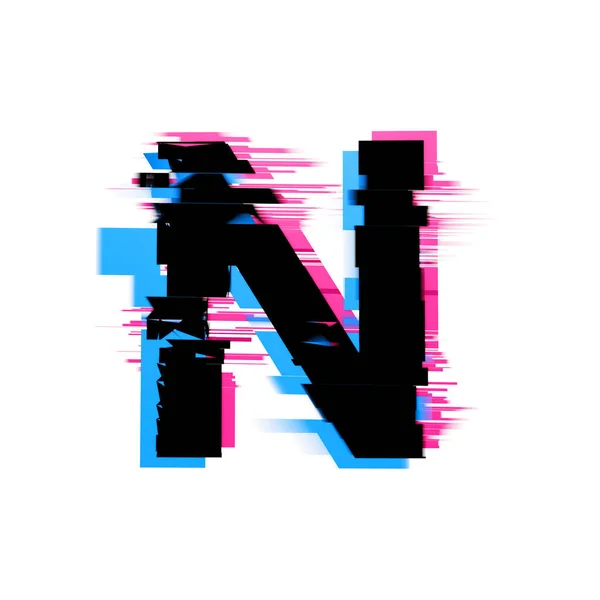 Letra N distorsionada fuente de texto efecto glitch neón. Renderizado 3D — Foto de Stock