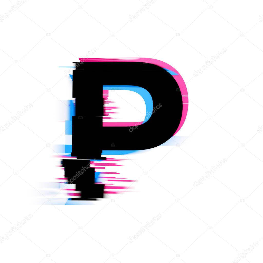 Letter P distorted neon glitch effect text font. 3D Render