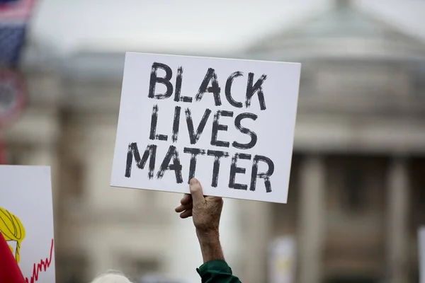 Una persona sosteniendo una pancarta de la materia de vidas negras en una protesta — Foto de Stock