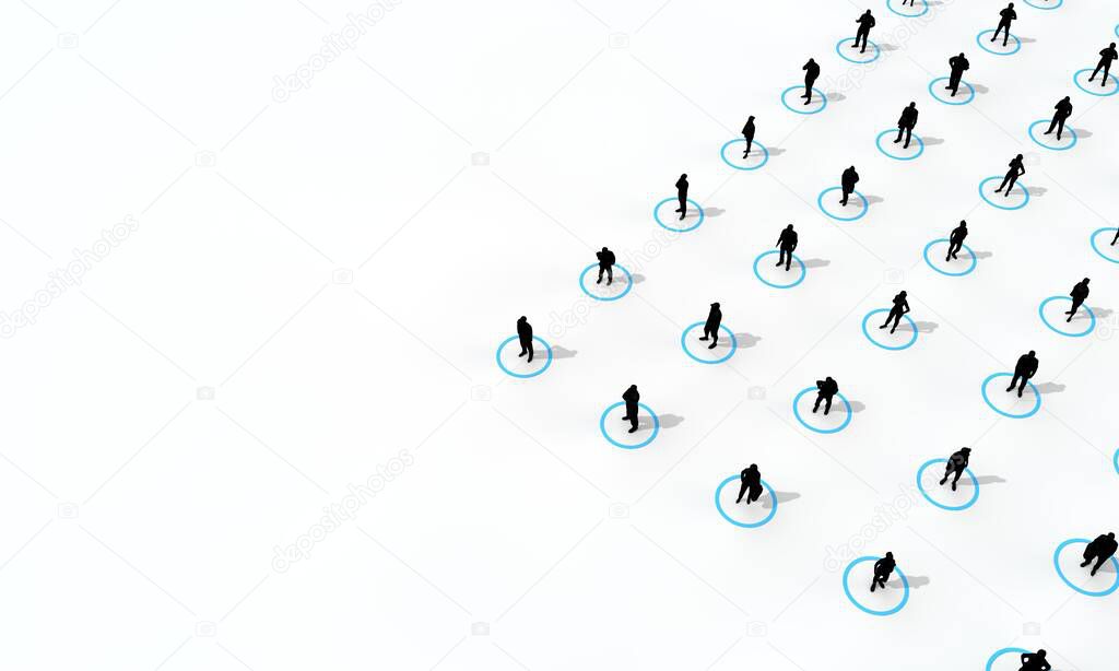 Social distancing concept. People stood in isolated circles. 3D Rendering