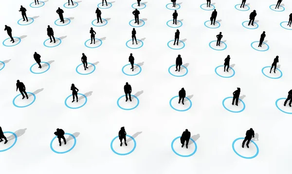 Κοινωνική έννοια αποστασιοποίησης. Άνθρωποι στέκονταν σε απομονωμένους κύκλους. 3D απόδοση — Φωτογραφία Αρχείου