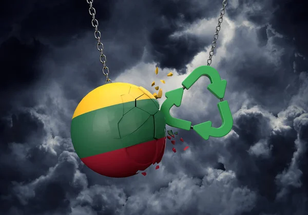 Green recycle symbol crashing into a Lithuania flag ball. 3D Rendering