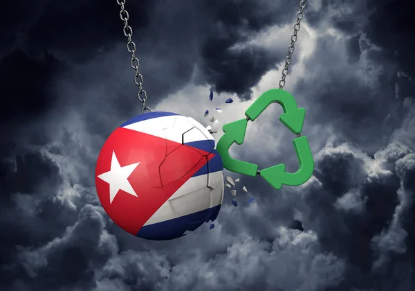 Green recycle symbol crashing into a Cuba flag ball. 3D Rendering
