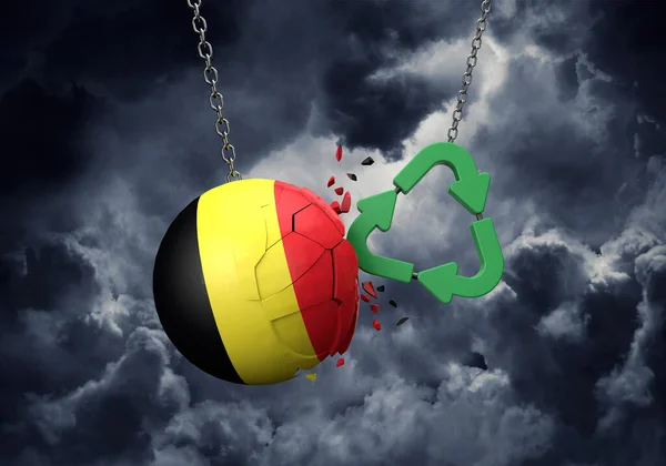 Green recycle symbol crashing into a Belgium flag ball. 3D Rendering