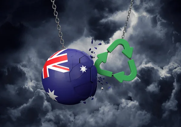 Green recycle symbol crashing into a Australia flag ball. 3D Rendering