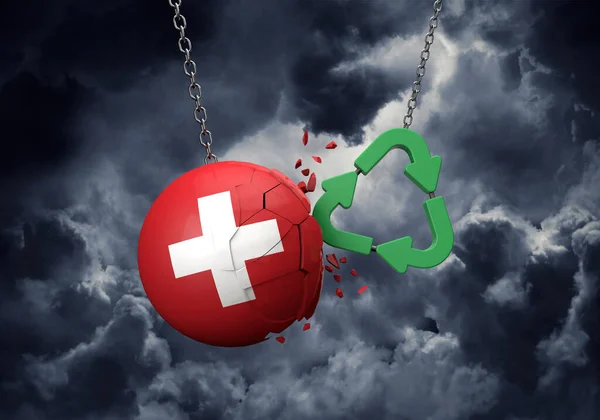 Green recycle symbol crashing into a Switzerland flag ball. 3D Rendering