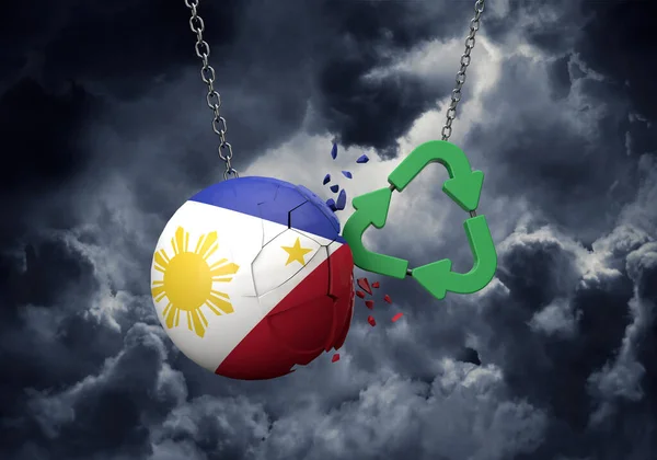 Green recycle symbol crashing into a Philippines flag ball. 3D Rendering