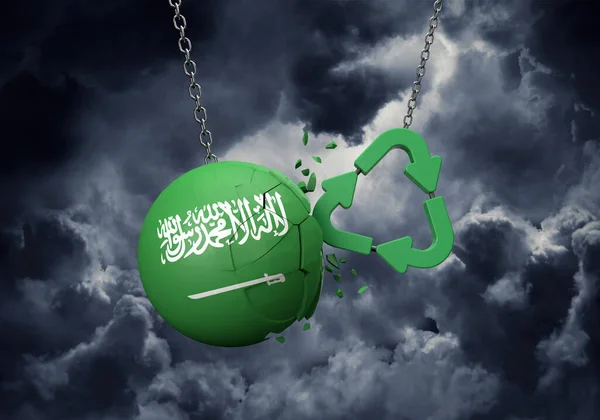 Green recycle symbol crashing into a Saudi Arabia flag ball. 3D Rendering — Stock Photo, Image
