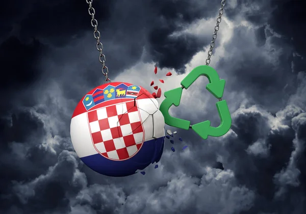 Green recycle symbol crashing into a Croatia flag ball. 3D Rendering