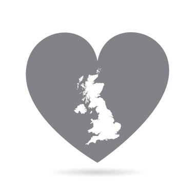 Gri bir aşk kalbinin içindeki Birleşik Krallık ülke haritası. Ulusal gurur