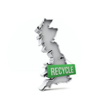 Yeşil geri dönüşüm işaretli Birleşik Krallık 3 boyutlu haritası. 3B Hazırlama