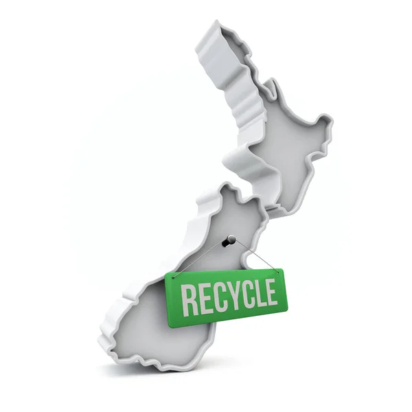 緑のリサイクル記号を持つニュージーランドの3D地図。3Dレンダリング — ストックベクタ