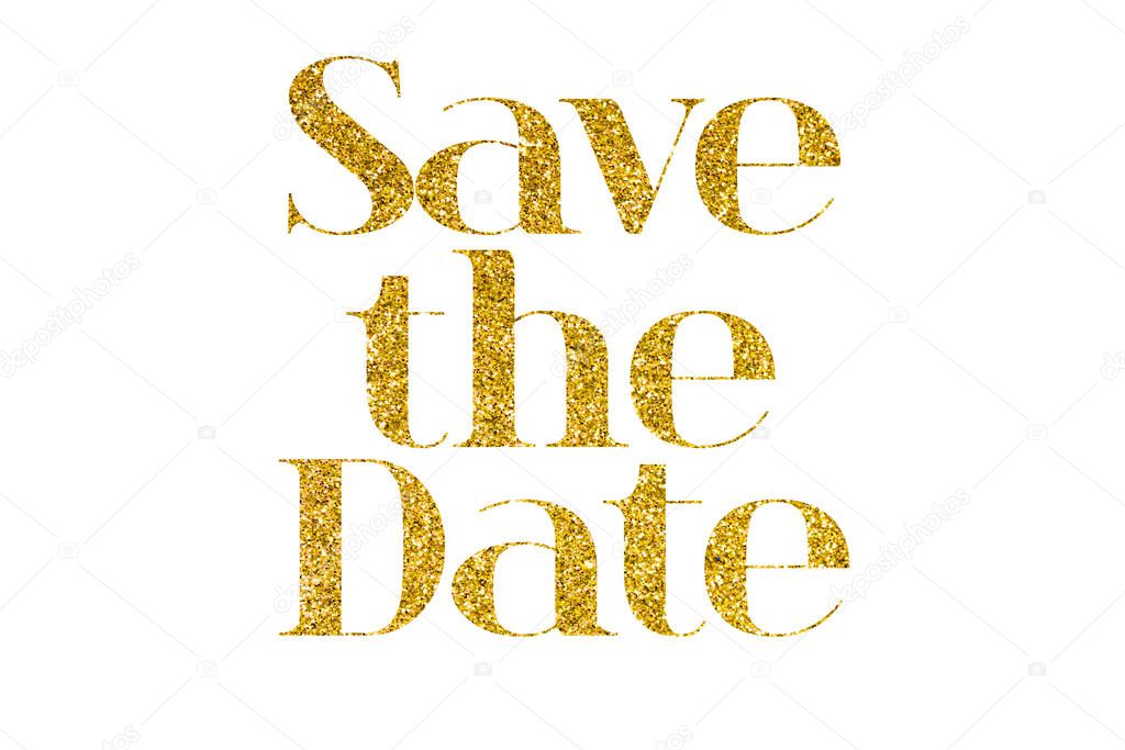 save the date wedding party event phrase in sparkling golden glitter text
