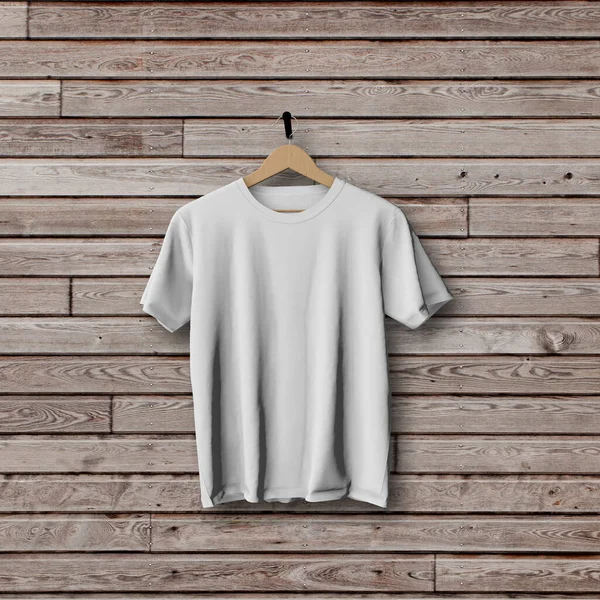 White t-shirt mock up hanging on a wooden wall 3D Rendering