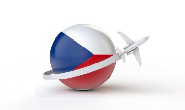 Çek Cumhuriyeti konseptine seyahat et. Bayrağın etrafında uçan uçak. 3B Hazırlama.