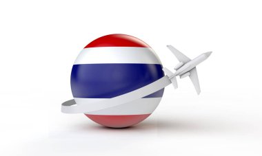 Tayland 'a seyahat. Bayrağın etrafında uçan uçak. 3B Hazırlama.
