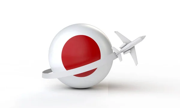 Podróż do Japonii. Samolot latający wokół flagi. Renderowanie 3D. — Zdjęcie stockowe