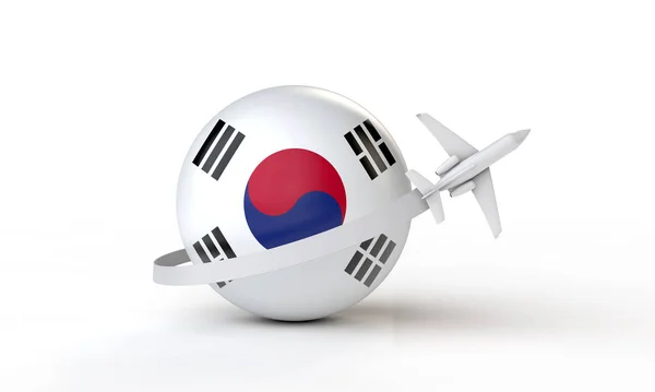 Utazás Dél-Korea koncepciójába. Repülő repülő a zászló körül. 3D Renderelés. — Stock Fotó