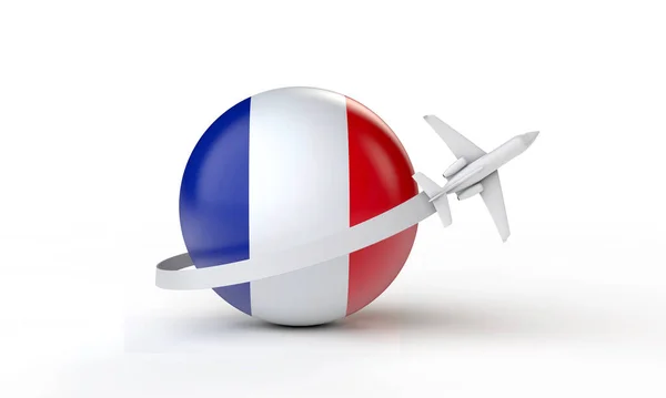 Fransa 'ya seyahat. Bayrağın etrafında uçan uçak. 3B Hazırlama. — Stok fotoğraf