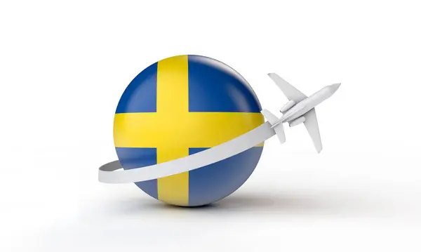 Viajar a Suecia concepto. Avión volando alrededor de la bandera. Renderizado 3D . — Foto de Stock